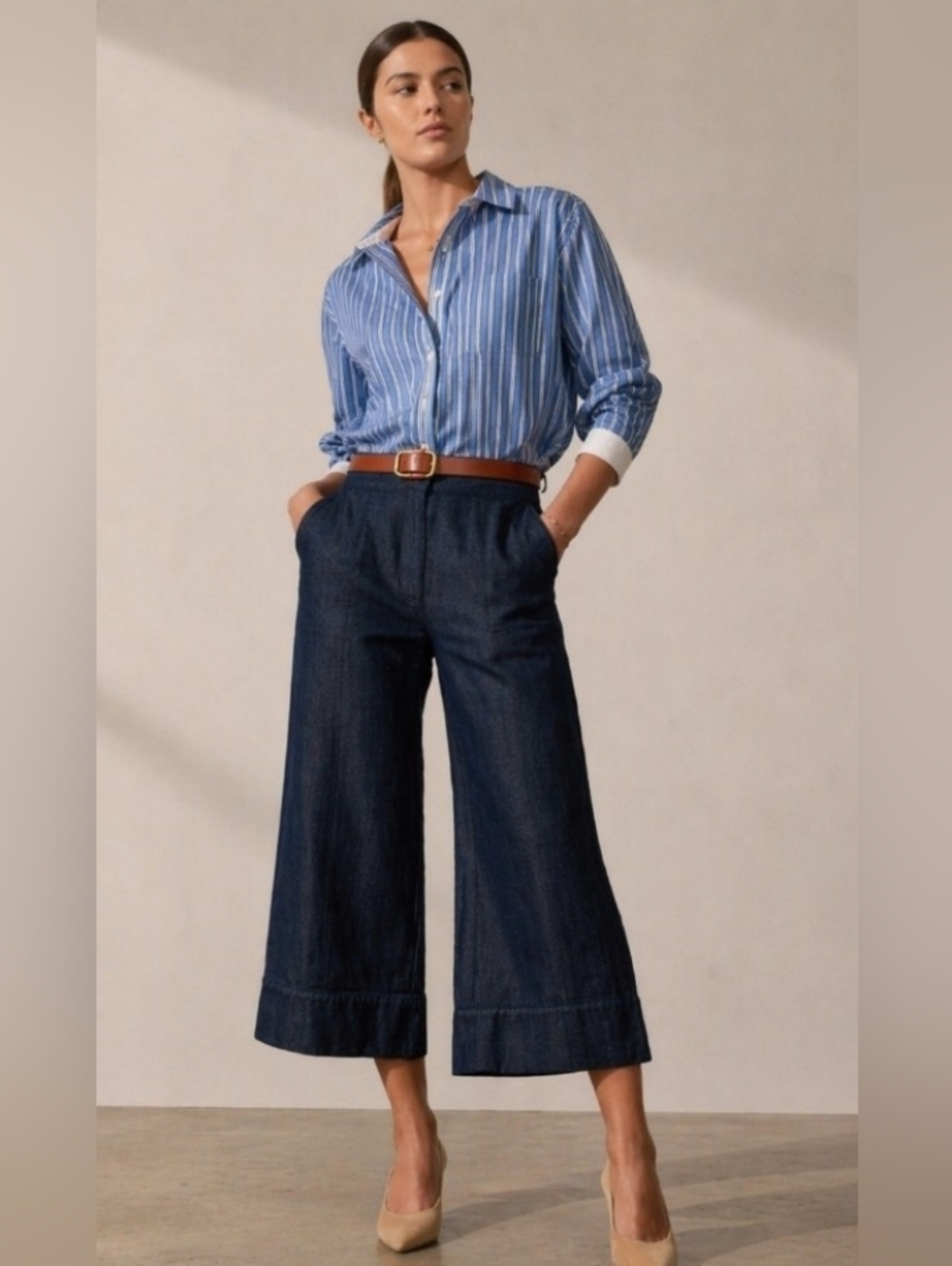 Mint Velvet Blue White Striped Button Up Shirt Contrast Back Cotton L